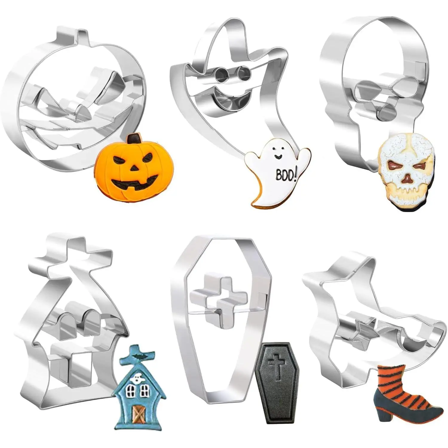 Stainless Steel Halloween Cookie Cutter Set (6-Count) - Creative Pumpkin, Skull, Haunted House, Boots, Coffin Shapes for Halloween Party Baking Decorations