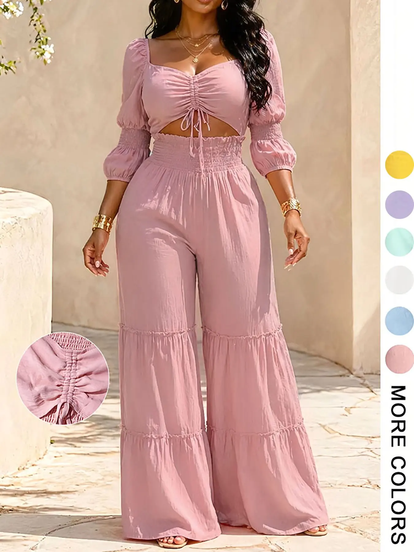 Women's Square Neck Two-Piece Set, Adjustable Drawstring Top and High Waist Wide Leg Pants, French Chic Elegant Style, Essential for Spring & Fall