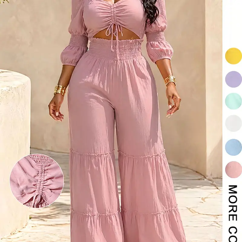 Women's Square Neck Two-Piece Set, Drawstring Hollow High-Waisted Wide Leg, Elegant Slimming Soft Dressing Suite, Vacation Commute, Pants