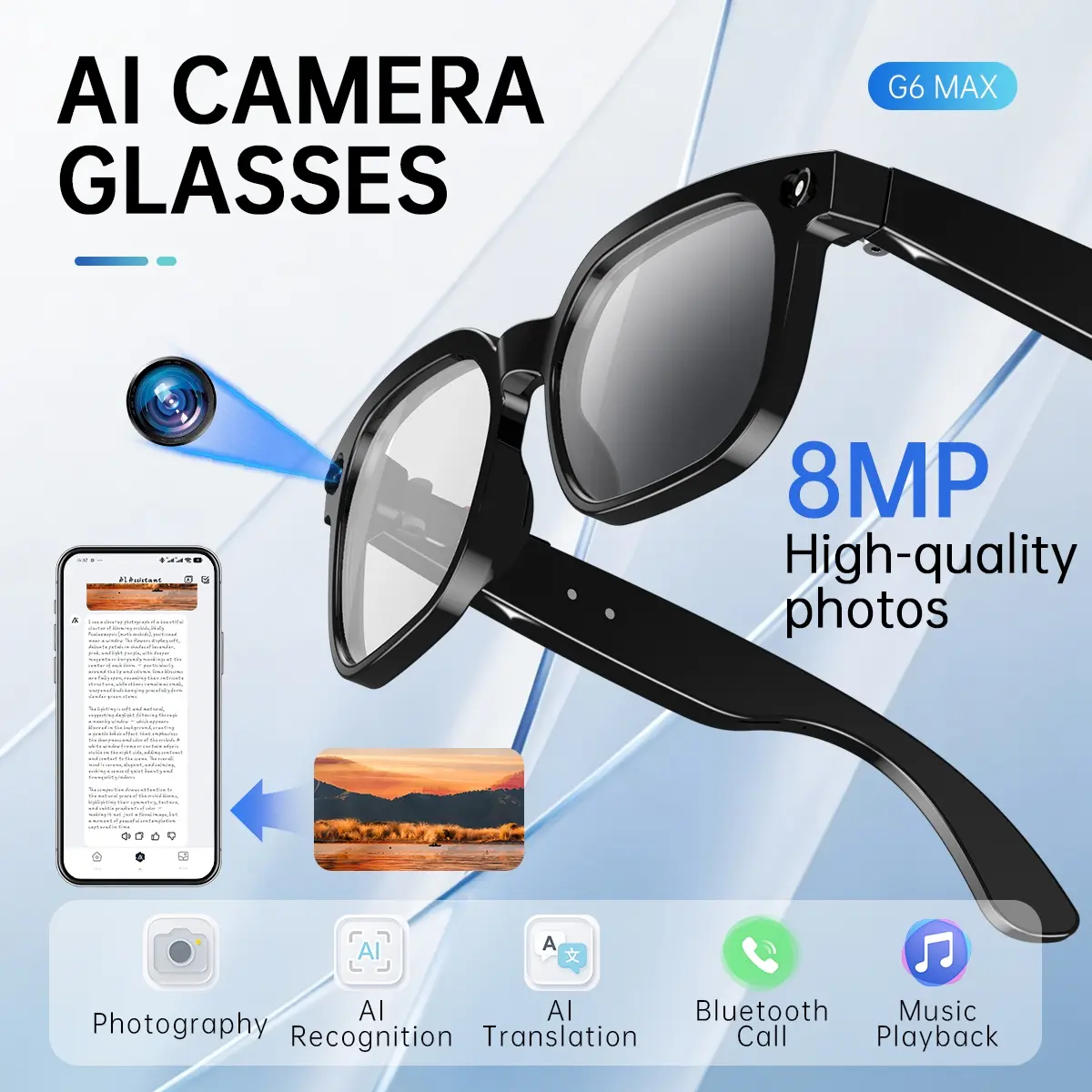 Ai Smart Translation Glasses, Bluetooth-compatible Ai Glasses, Real-Time Voice Translation, Open Ear Canal Audio, Music Calling, Travel & Business