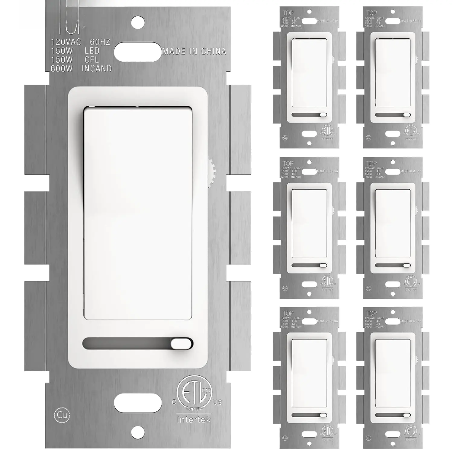 6 Pack White Slide Dimmer Switch - Single-Pole/3-Way, ETL Listed, ETL Certified, Memory Function, Dimmable for 150W LED, 600W CFL/Incandescent/Halogen Bulbs, No Wall Plate Included