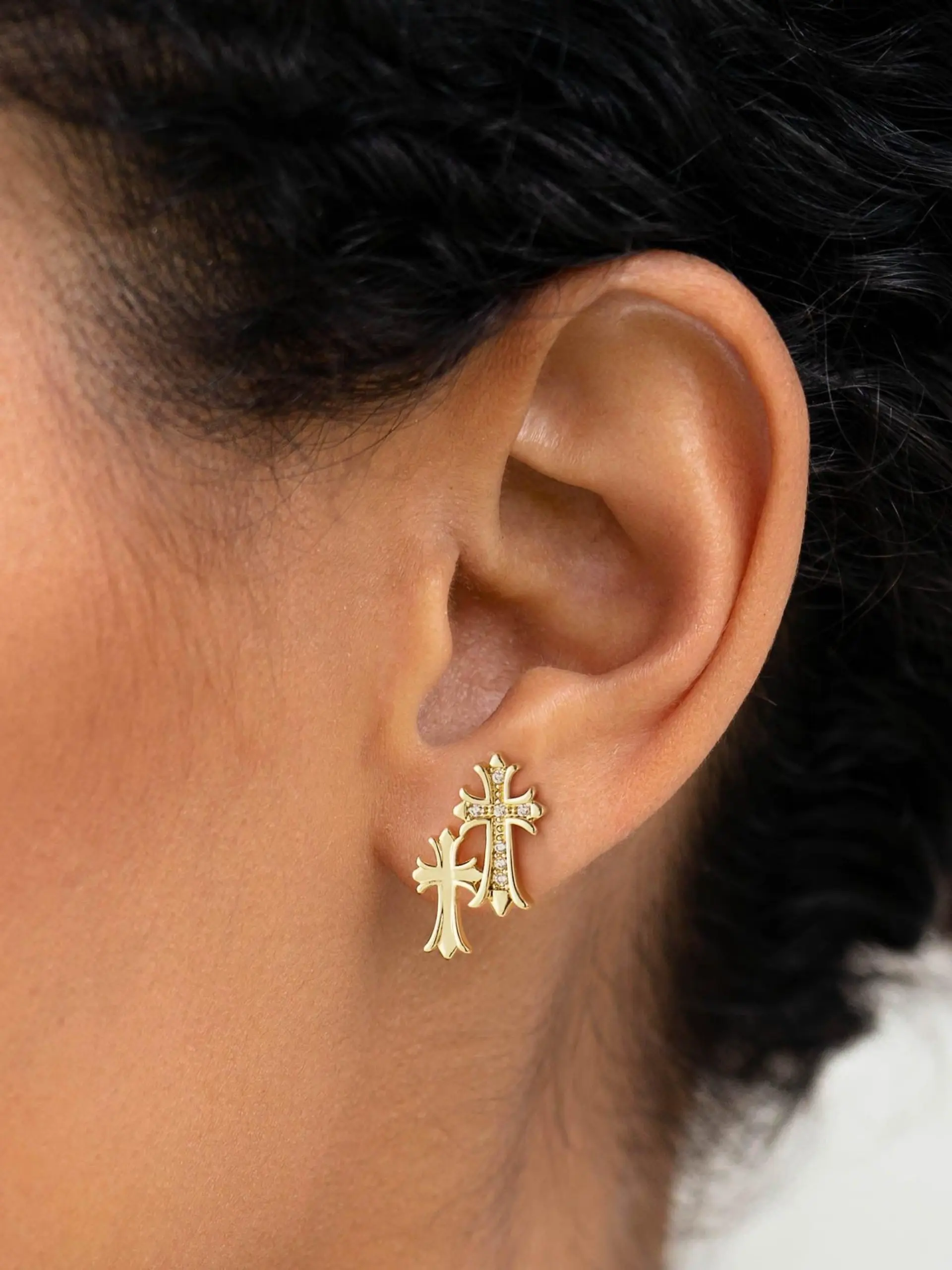 Double Cross Zircon Earrings Jewelry Unisex, 14k Gold Plated, Hypoallergenic, Lightweight, Casual Style, Perfect Gift for Girlfriend Wife Friend