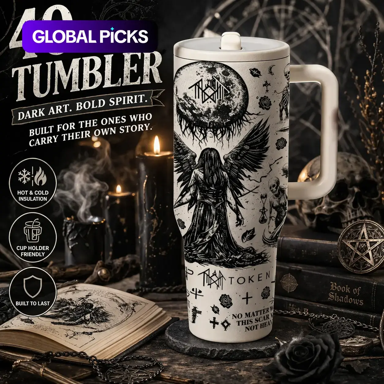 Auracup 40 oz Sleep Token Insulated Gothic Fantasy Tumbler with Handle and Straw, Gothic Angel Moon Art Stainless Steel Vacuum Insulated Travel Mug, Large Capacity Car Coffee Thermos Keeps Drinks Hot or Cold for Hours #GLOBAL PICKS