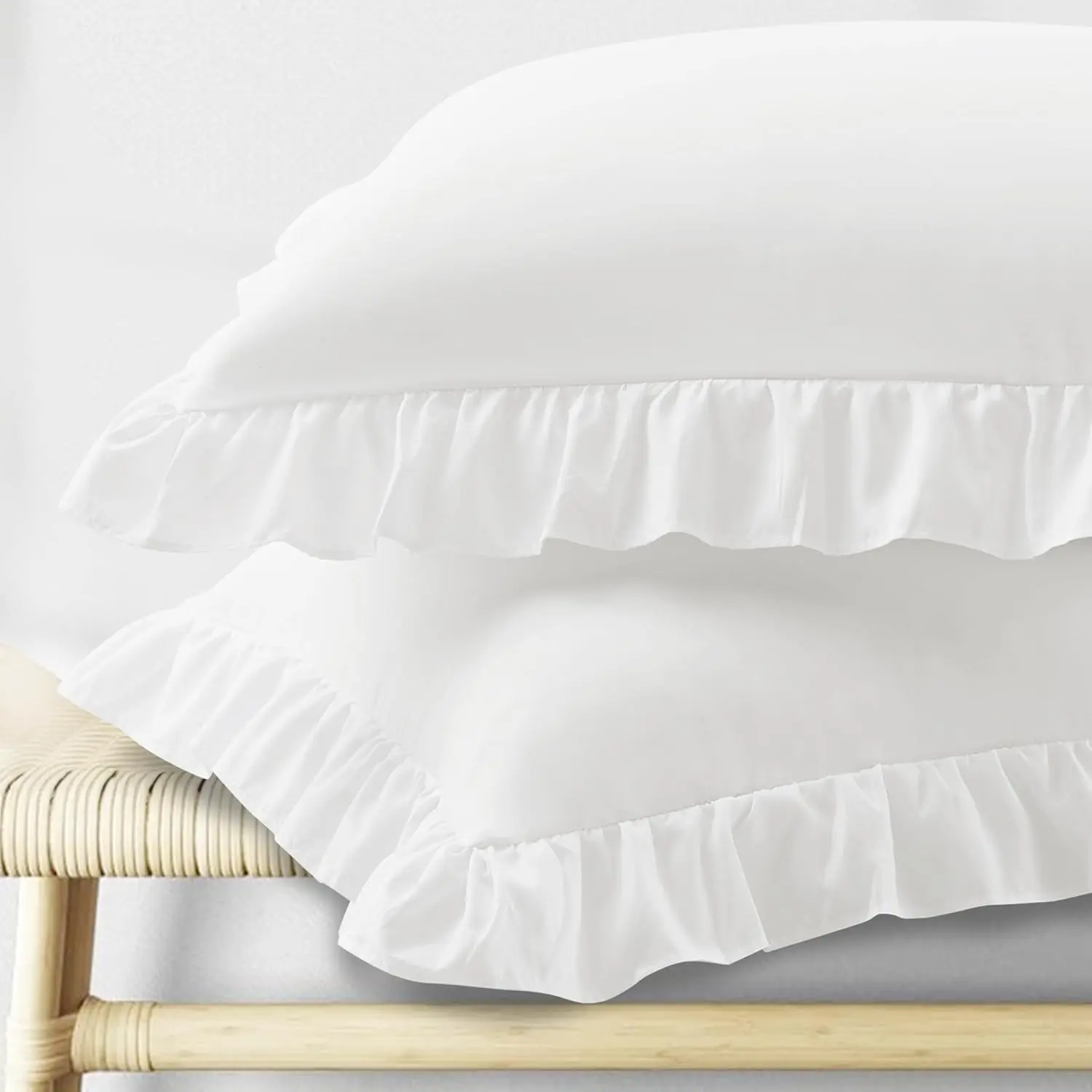 Ruffle Pillow Cases Standard Size Set of 2, Ruffled Pillow Covers with Envelope Closure, Wrinkle Resistant Pillowcases 20" x 26", Ruffled Pillow Shams, White