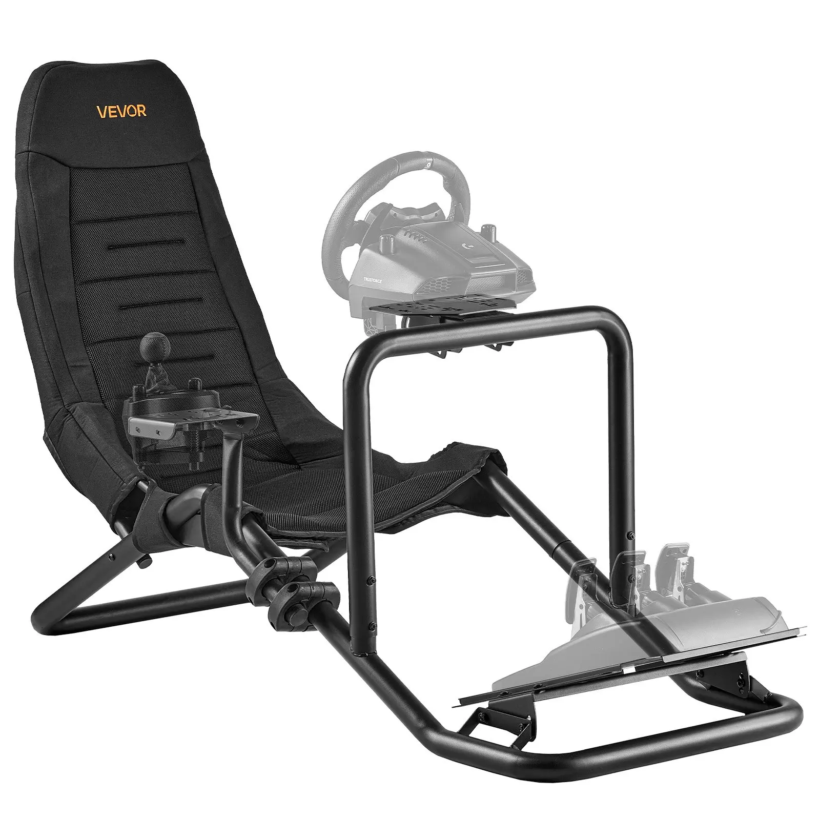 VEVOR Adjustable Heavy-Duty Steel Racing Wheel Integrated Stand, 397 lbs Capacity, 61.42x28.15x39.76 in Simulator Cockpit with Oxford Fabric, Pedals & Shifters, Fits Logitech/Thrustmaster Models, Black