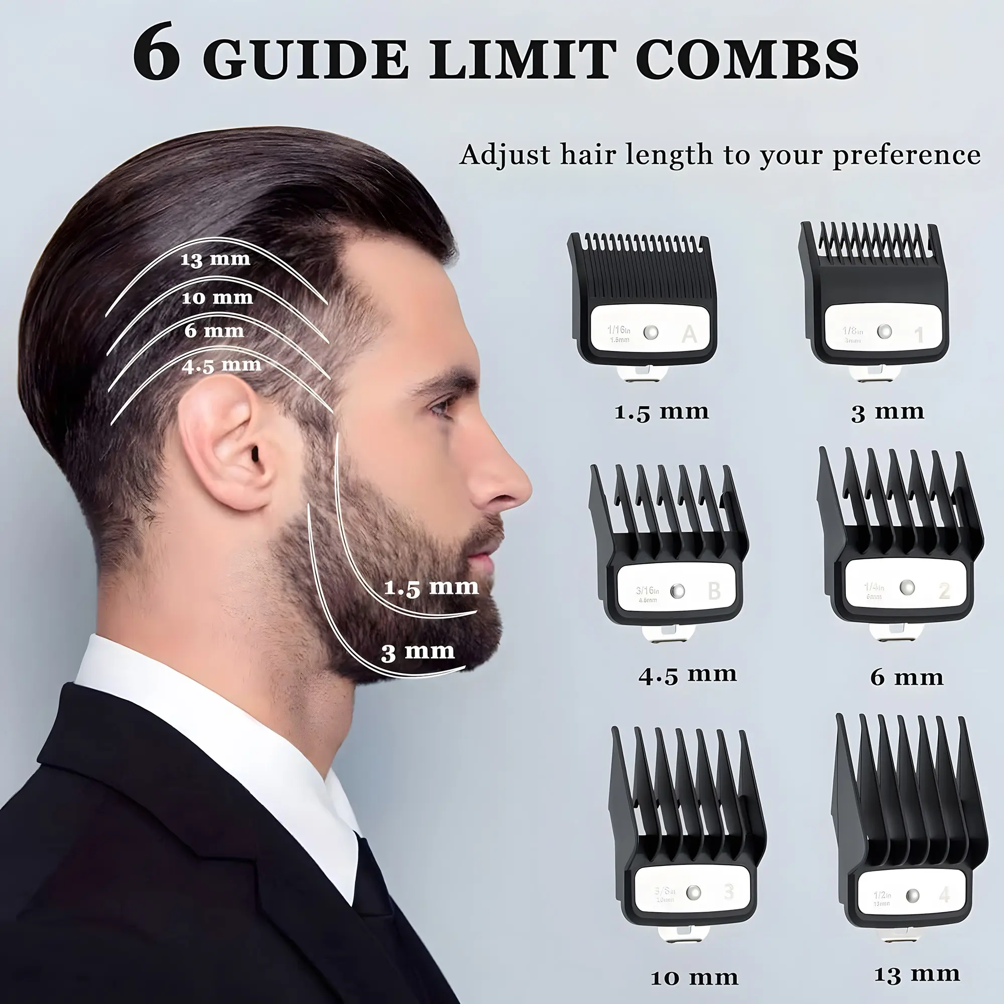 Large Blade Guard Set for Full Size Hair Clippers, 6 Specifications Guide Comb Cards, Essential Home Grooming Tool, Hair Cutting Accessories, Clipper Guards Set