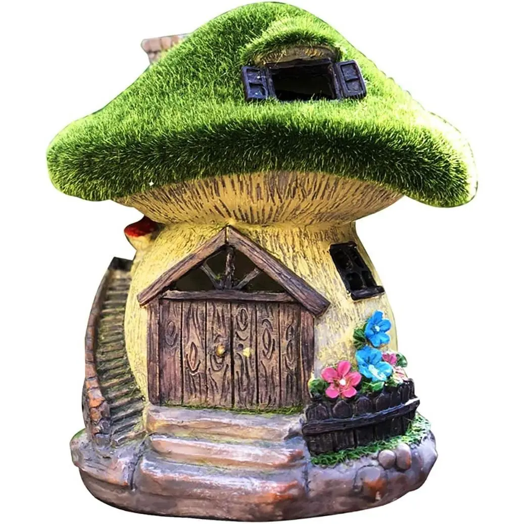 Solar Gnome Grass-Roof Mushroom Garden House, Outdoor Gnome House Figurine with Solar Lights, Little Garden Cottage Figurines