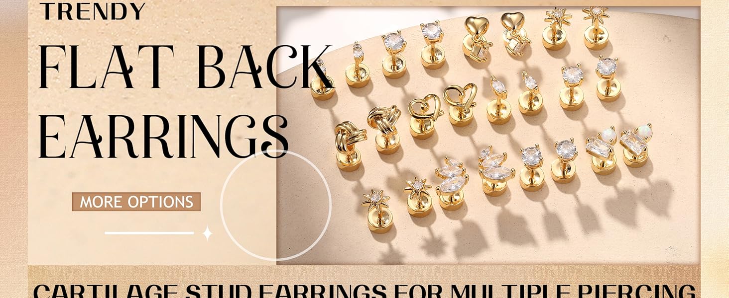 ZELORES 3 Pairs Gold Plated Flat Back Earrings for Women Silver Post Tragus Cartilage Earring Set for Multiple Piercing Trendy Flatback Stud Earrings minimalist elegant fashion Earcuff