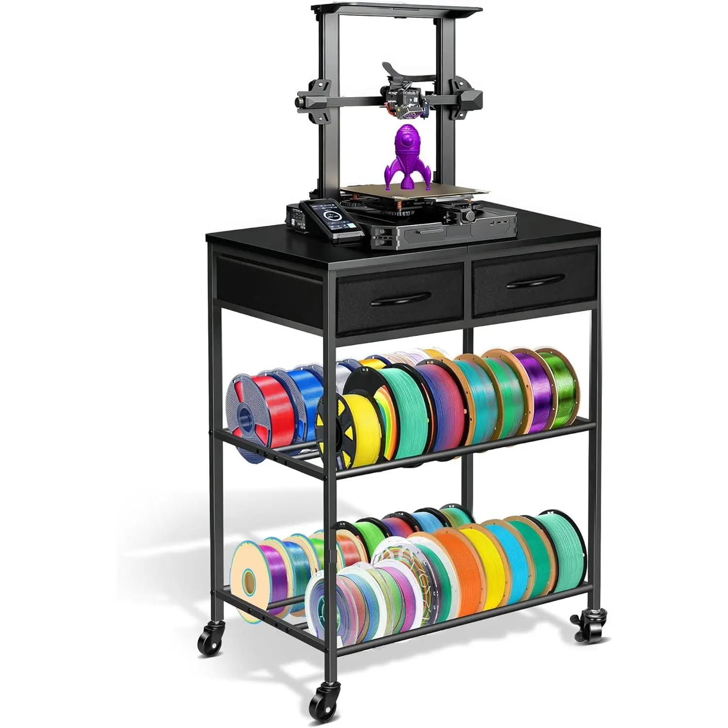 Sturdy Freestanding 3-Layer 3D Printer Filament Metal Storage Rack with Drawers + Wheels, Functional Organizer for TPU, Nylon Filaments, Suitable for Workshop Users, Office