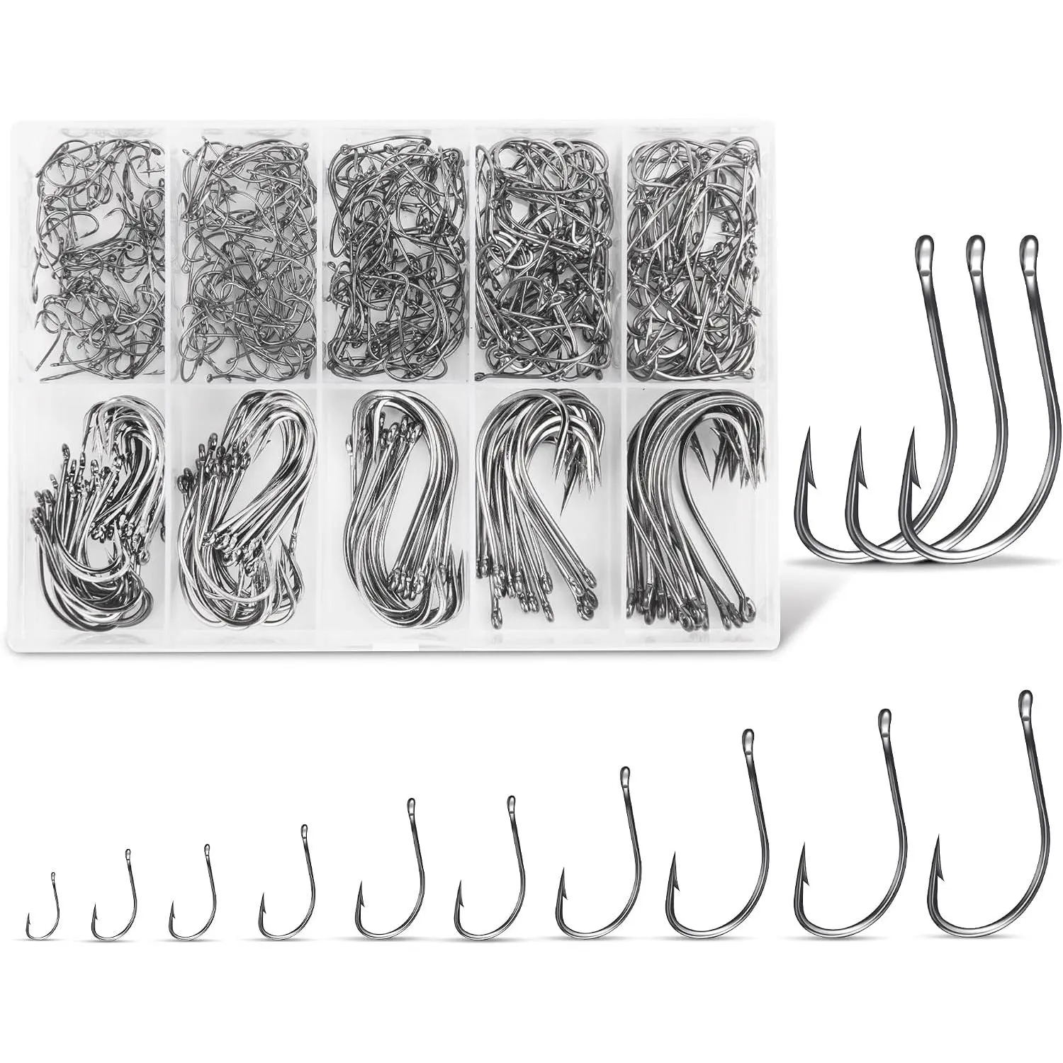 Multi-Size Carbon Steel Circle Hooks (500 Count, 10 Sizes) - For Saltwater Fishing, Freshwater Ice Fishing, Catfish Targeting