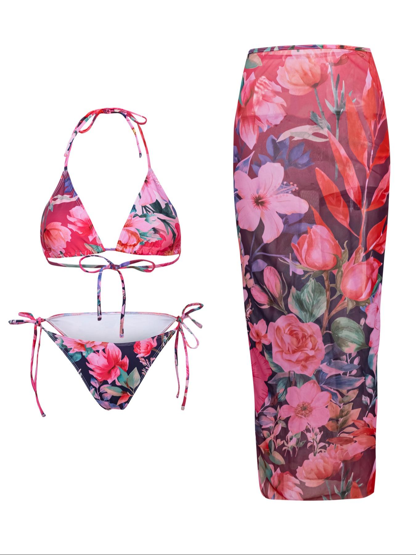 Women's Floral Print Halter Bikini Set, Casual Tie Back Contrast Mesh Swim Top & Tie Side Swim Bottom & Cover Up Skirt Set, Ladies Swimsuit Print Swimwear for Beach Holiday Vacation, Bikini With Skirt