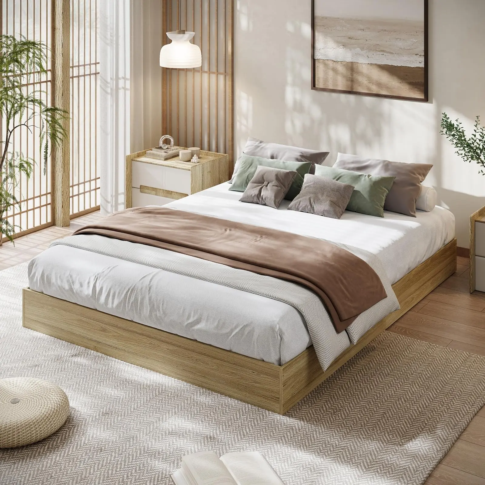 Sturdy Wood Platform Bed Frame - Twin/Full/King Size, Modern Low Profile Floor-Standing Japanese Style, Strong Durable Wooden Slats, No Box Spring Needed, 10-Min Easy Assembly, Noise-Free, Space-Saving