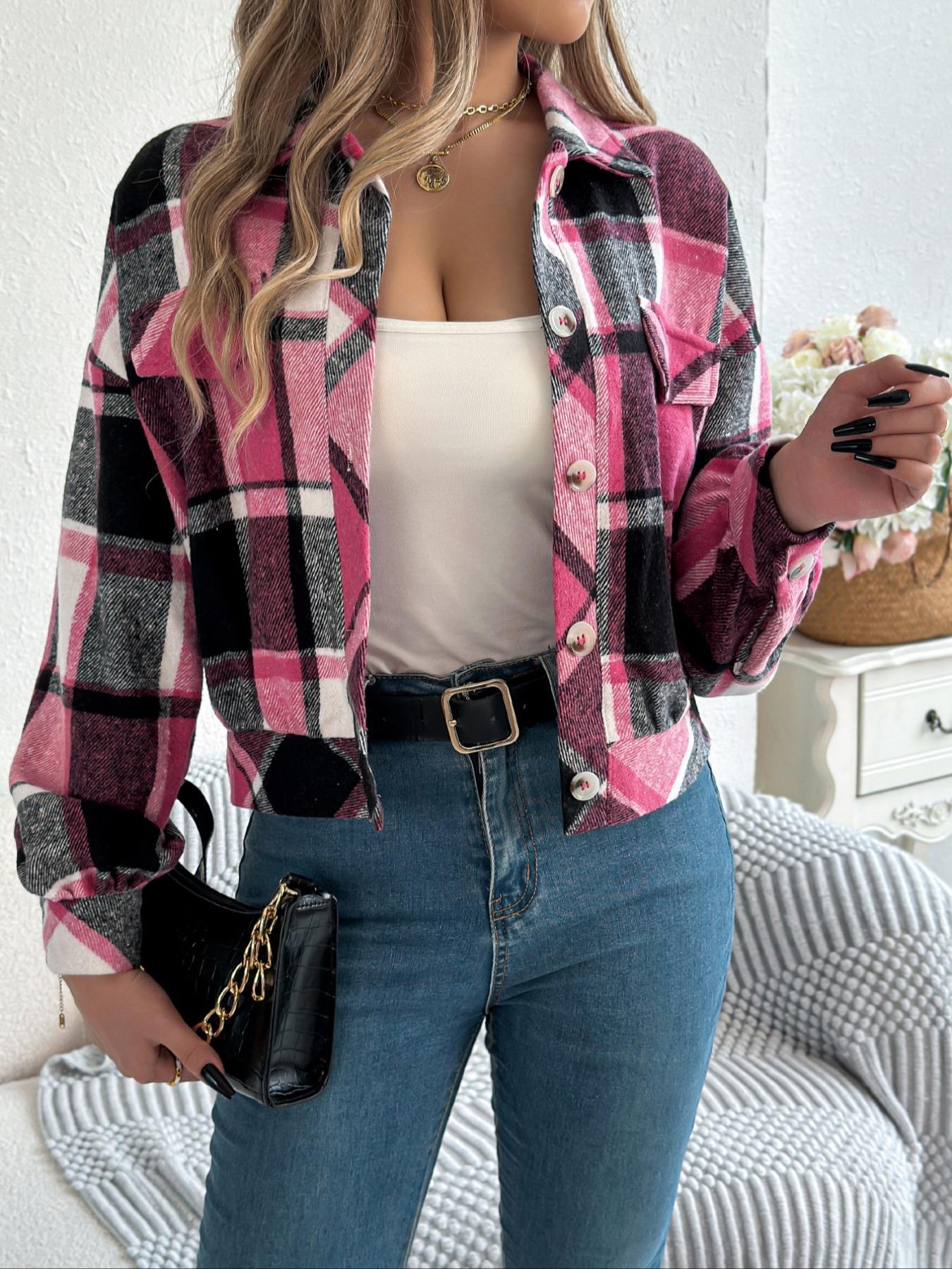 Women's Plaid Print Button Front Drop Shoulder Fashion Fit Jacket, Casual Long Sleeve Collared Autumn Outerwear for Fall & Winter, Ladies Clothes for Daily Wear, Casual Fashionable Jacket