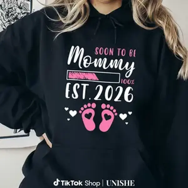 Women's Cotton Oversized Black Maternity Hoodie - Cute, Romance, Double-Stitched Seams, Est 2026 Baby Feet Soon-To-Be Mommy Graphic, Basic Scoop Neck, Soft Casual Cold-Wash Pullover for Pregnancy Announcement Daily Wear
