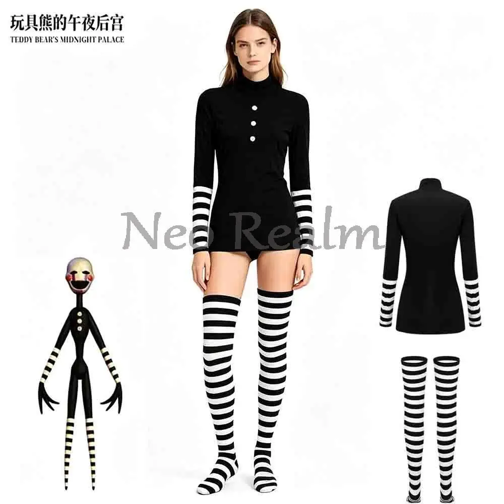 FNAF Cosplay Puppet Clown Costume Striped Dress Leggings Halloween Carnival Performance Outfit Set Horror Anime Game Roleplay