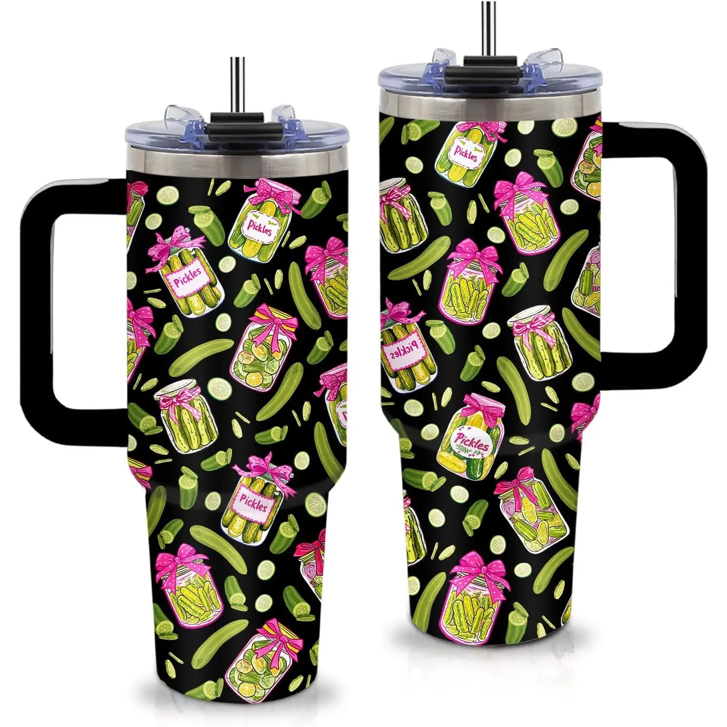 Pickle Gifts - Funny Pickle Themed Tumbler 40oz with Handle and Straws, Leak-proof, Stainless Steel Insulated Travel Coffee Mugs for Pickles Lovers, Pickled Food Enthusiasts Gifts Birthday Cup