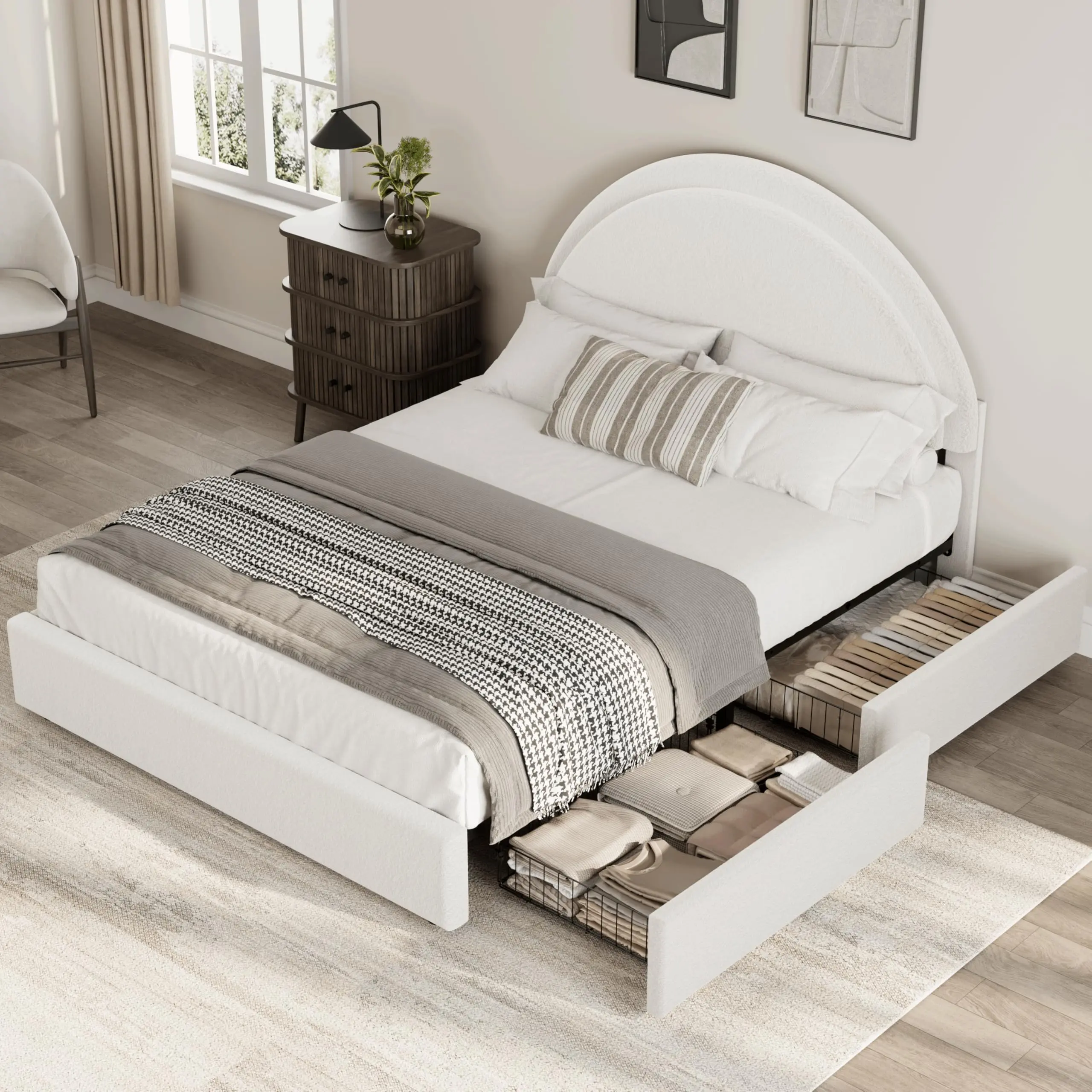 Garvee Upholstered Boucle Platform Bed Frame with Storage Drawers and Round Headboard, Heavy Duty, Noise Free, No Box Spring Needed, Twin Size Bed