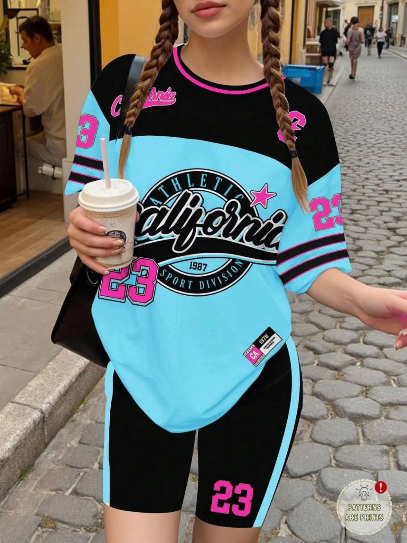 Girls' Digital Print Short Sleeve Slim Fit Suit, Casual Daily Wear, Outdoor Campus Favorite, Comfortable and Stylish