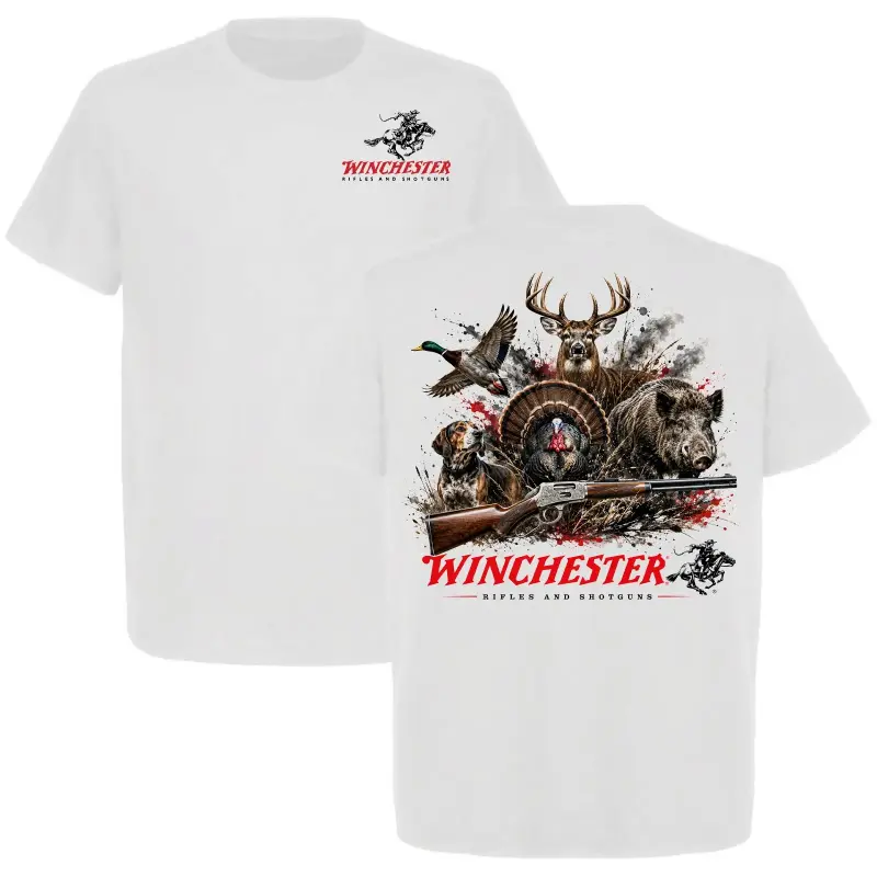 Graphic-T-Shirt Winchester Rifle Hunting Wildlife Graphic T-Shirt, Deer Turkey Duck Wild Boar Hunting Dog Tee, Front and Back Print, Vintage Hunting Shirt, Outdoor Adventure Apparel, Hunter Gift, Unisex Casual Streetwear Tee, Men's Women's Camiseta Verano