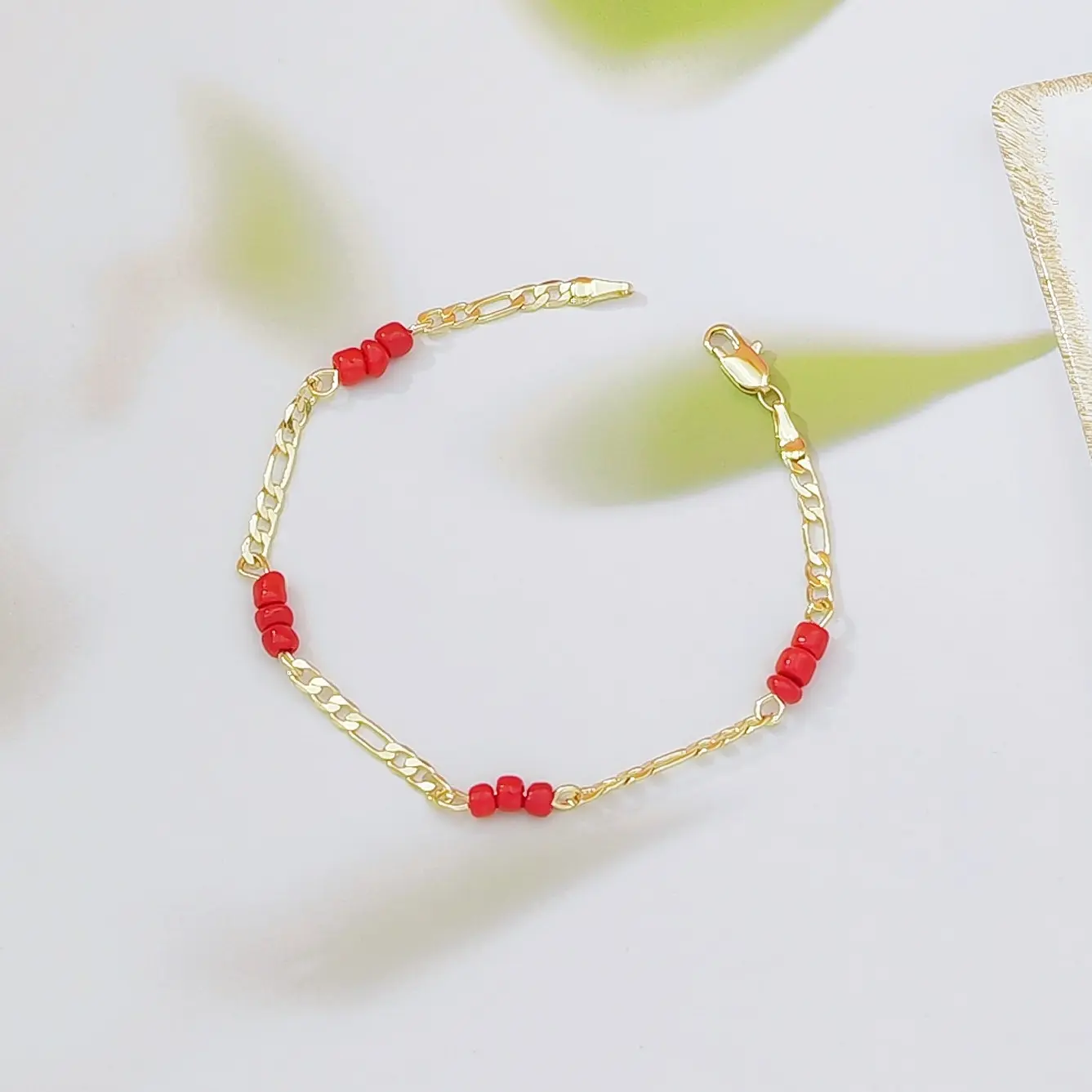 14K Gold Plated Red Beaded Figaro Chain Bracelet for Women Dainty Minimalist Protection Luck Charm Jewelry Cute Everyday Wrist Accessory Y2K Aesthetic Trendy Mom and Kid Graduation Summer Gift