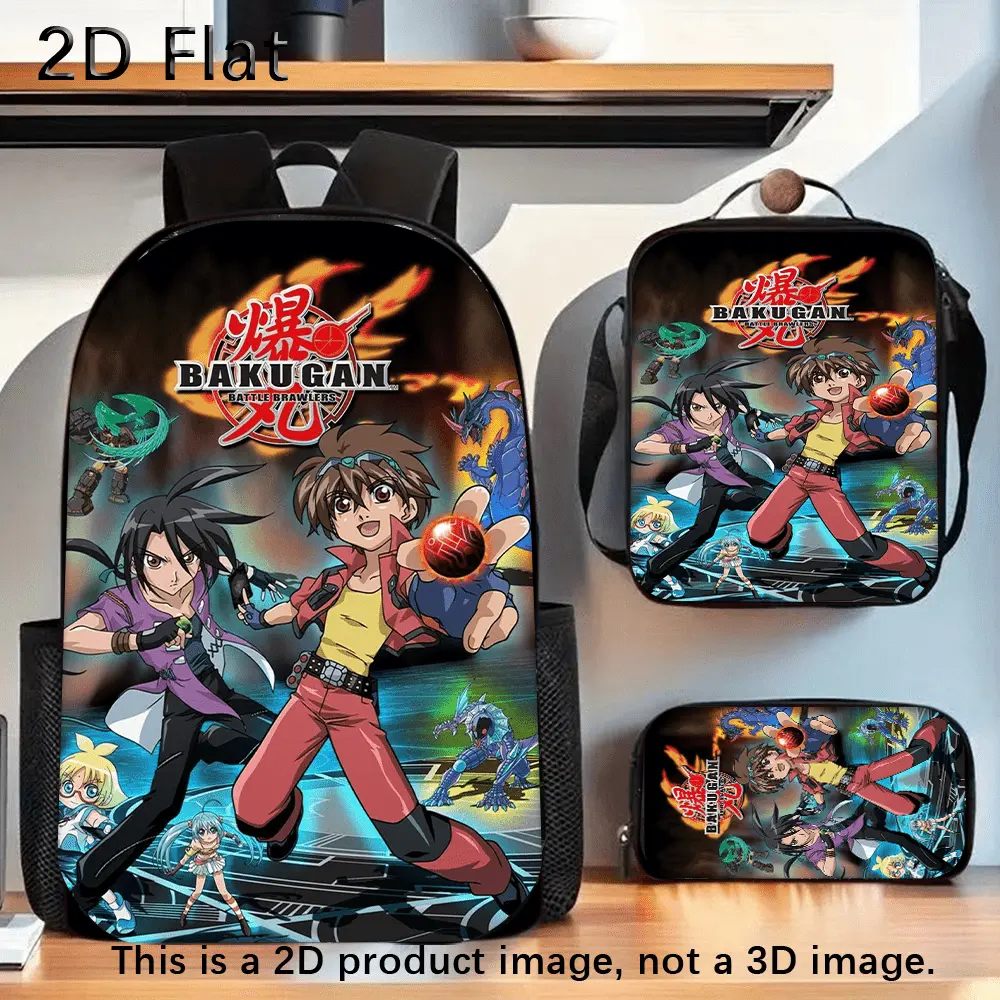 3Pcs Bakugan Battle Brawlers Anime Character Backpack Set 2D Flat Print School Bag Lunch Bag Pencil Case Combo 600D Oxford Lightweight Padded Straps Multi Pocket Daypack For Anime Fans