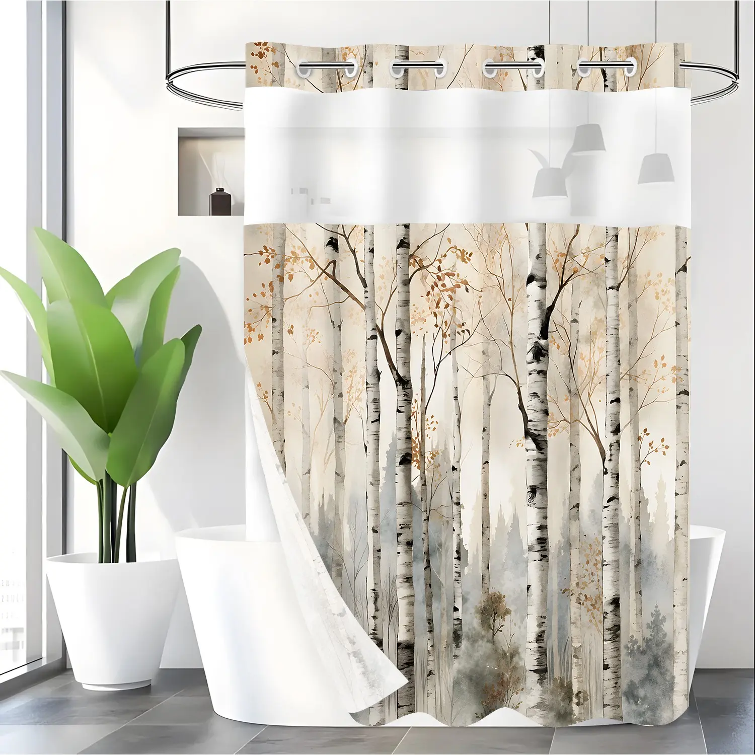 LVRLVR 1pc Watercolor Birch Tree Hookless Shower Curtain, Shower Curtain and Liner, Nature Forest Print, Sheer Top Window, Detachable Liner & No Hook C-Ring, 70.8" x 74", Summer Shower Curtains For Bathroom