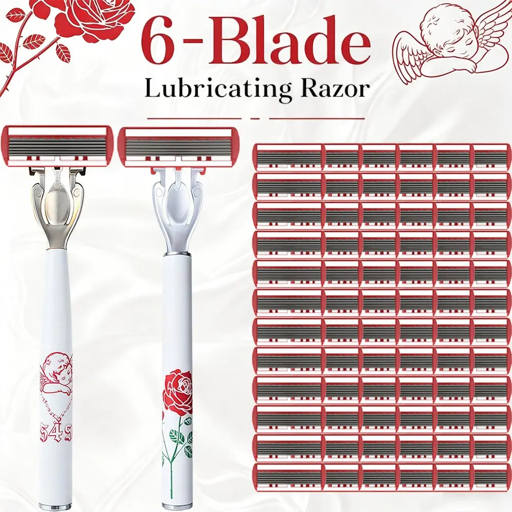 [2 Packs, 72 Blades] 6-Layer Lubricated Manual Razor Set | White Base with Red Angel & Rose Pattern Dual-Color Handle | Perfect for Bathroom & Travel | Smooth on Skin, No Irritation | Women's Body Hair Removal Replacement Blade Set for Multiple Uses