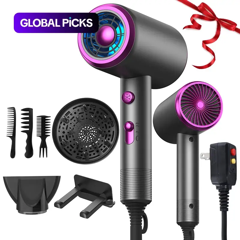 Powerful Ionic Hairdryer Kit, Hair Dryer With Diffuser, Concentrator, 3 Comb, Hanging Rack, Manual, Multifunctional, Professional Styling Tool, Frizz Reduction