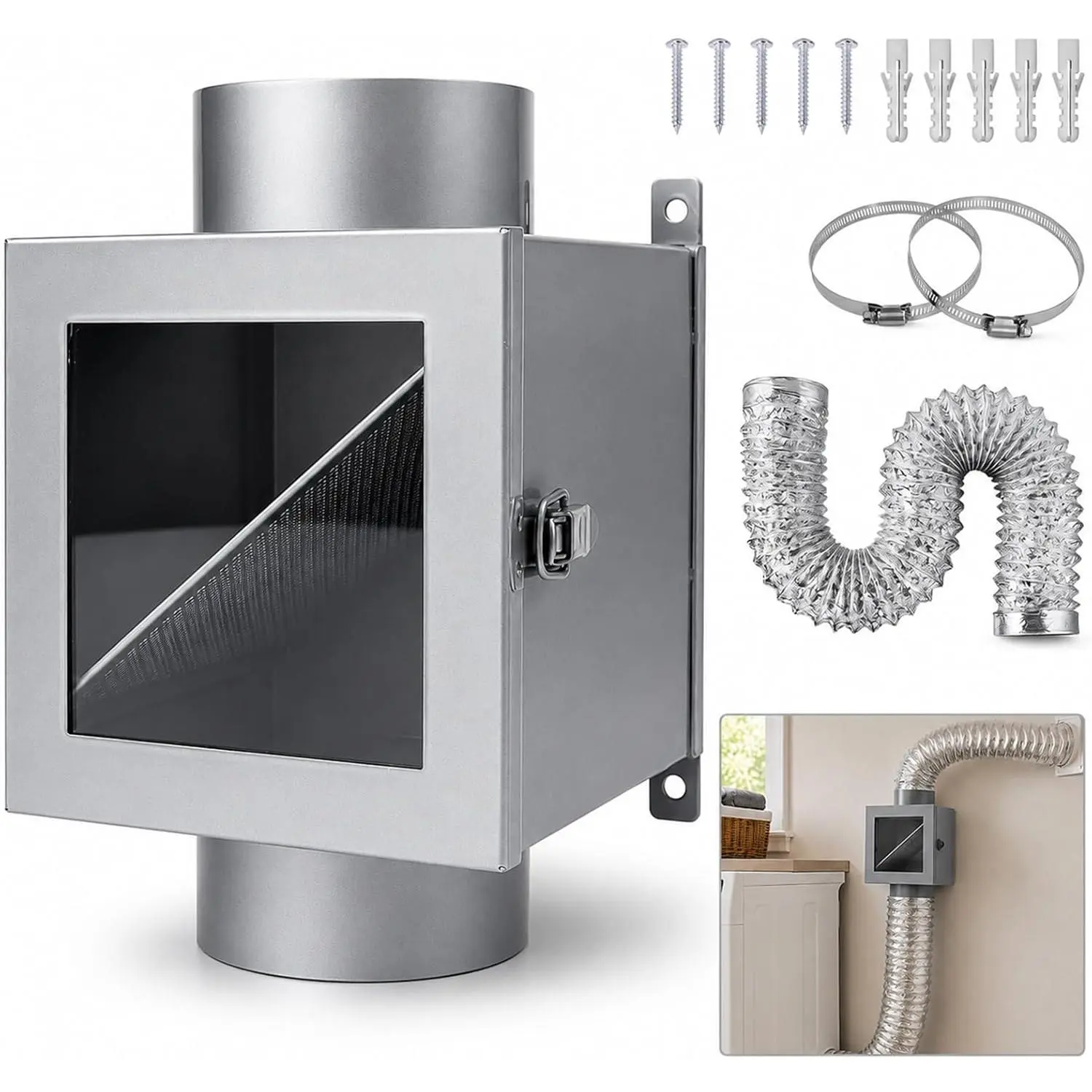 Metal Dryer Duct Lint Trap, Indoor Dryer Vent Kit with 4inch 8FT Dryer Vent Hose, 2 Stainless Steel Filter Mesh, 2 Clamps for Electric Dryers Secondary Lint Traps, Dryer Vent Lint Catcher