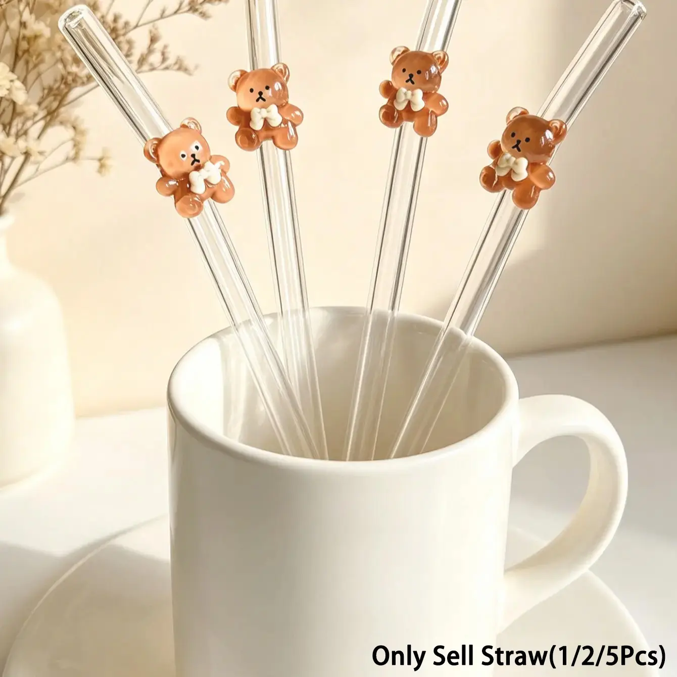 Cartoon Bear Shape Reusable Glass Straw, Heat Resistant and Durable, Ideal for Cold Drinks, Coffee, Juice, Kitchen, Parties, Holidays, Drinking Straw