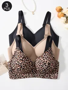 2/3/4 Pack Jelly Bra Set, Seamless Wire-Free Design, Leopard Print Pattern, Medium Support, Slim Fit, Lined Innerwear for Women