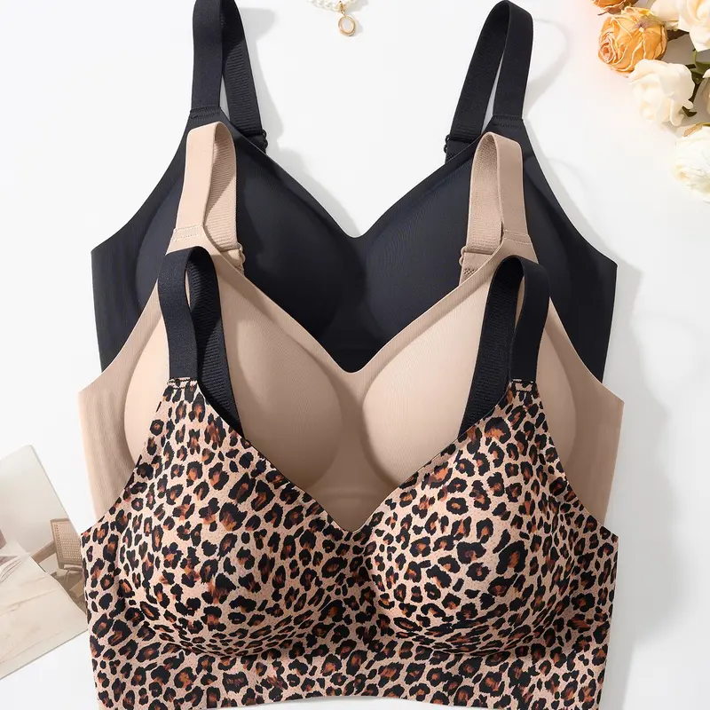 Women's Sexy Style Leopard Print Bra, Jelly Bra Without Underwire, Medium Support, Slim-Fitting, Adjustable Straps, All Seasons