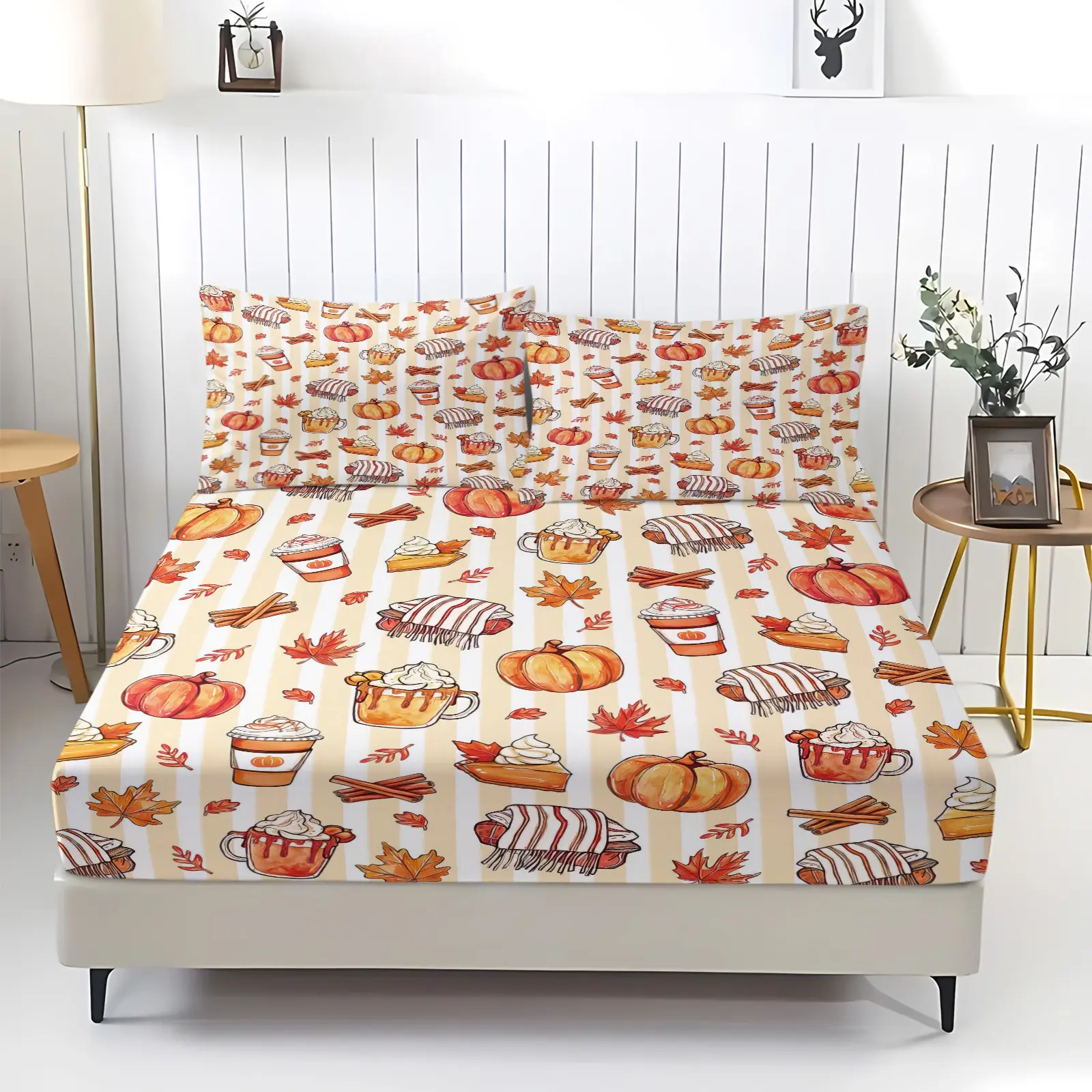 Striped Pumpkin Spice Latte Fitted Sheet Set, Bed sheet set, Fall Pie Maple Leaf Digital Print Bedding, Soft Deep Elastic Pocket, Machine Washable, Includes 2 Pillowcases - without Core, Warm Autumn Home Decor