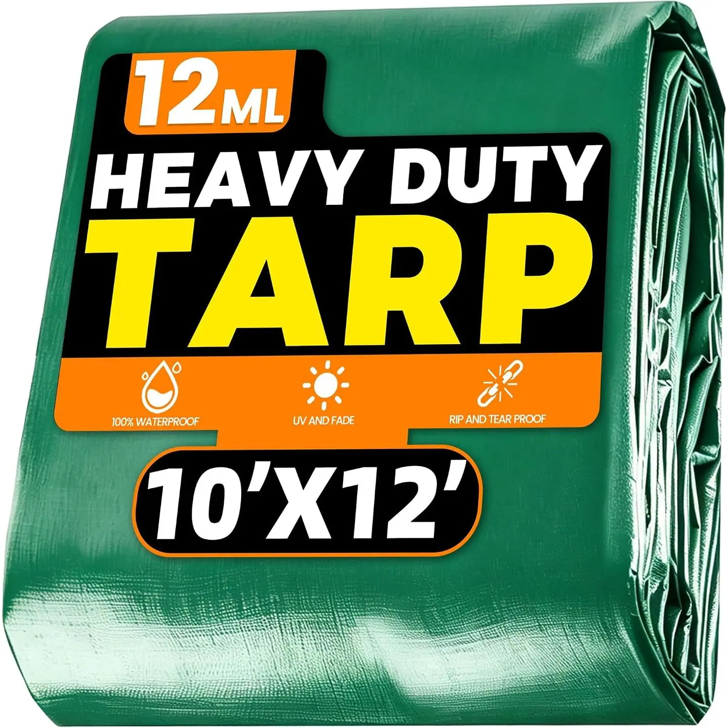 Heavy Duty Waterproof Tarp 10x12 ft, 12 Mil Thick Polyethylene| UV Resistant, Rip & Tear Proof, Grommets Every 17", Sun Blocking, For Camping, Patio, Firewood, Wheelbarrow Cover