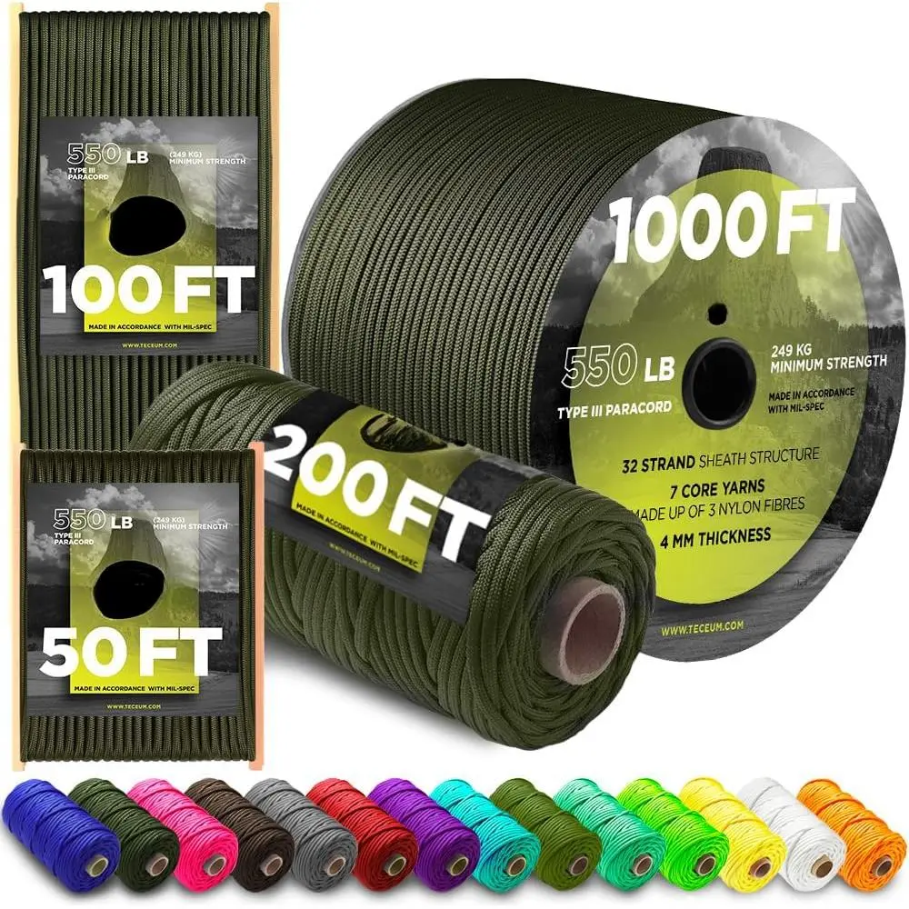 5/32" Paracord Rope 1000 – 1000ft / 200ft / 100ft / 50ft – Tactical Parachute Cord 4mm – 45+ Colors – Nylon String  Survival & Camping Gear – Stripe Cord  Survival – Utility Rope