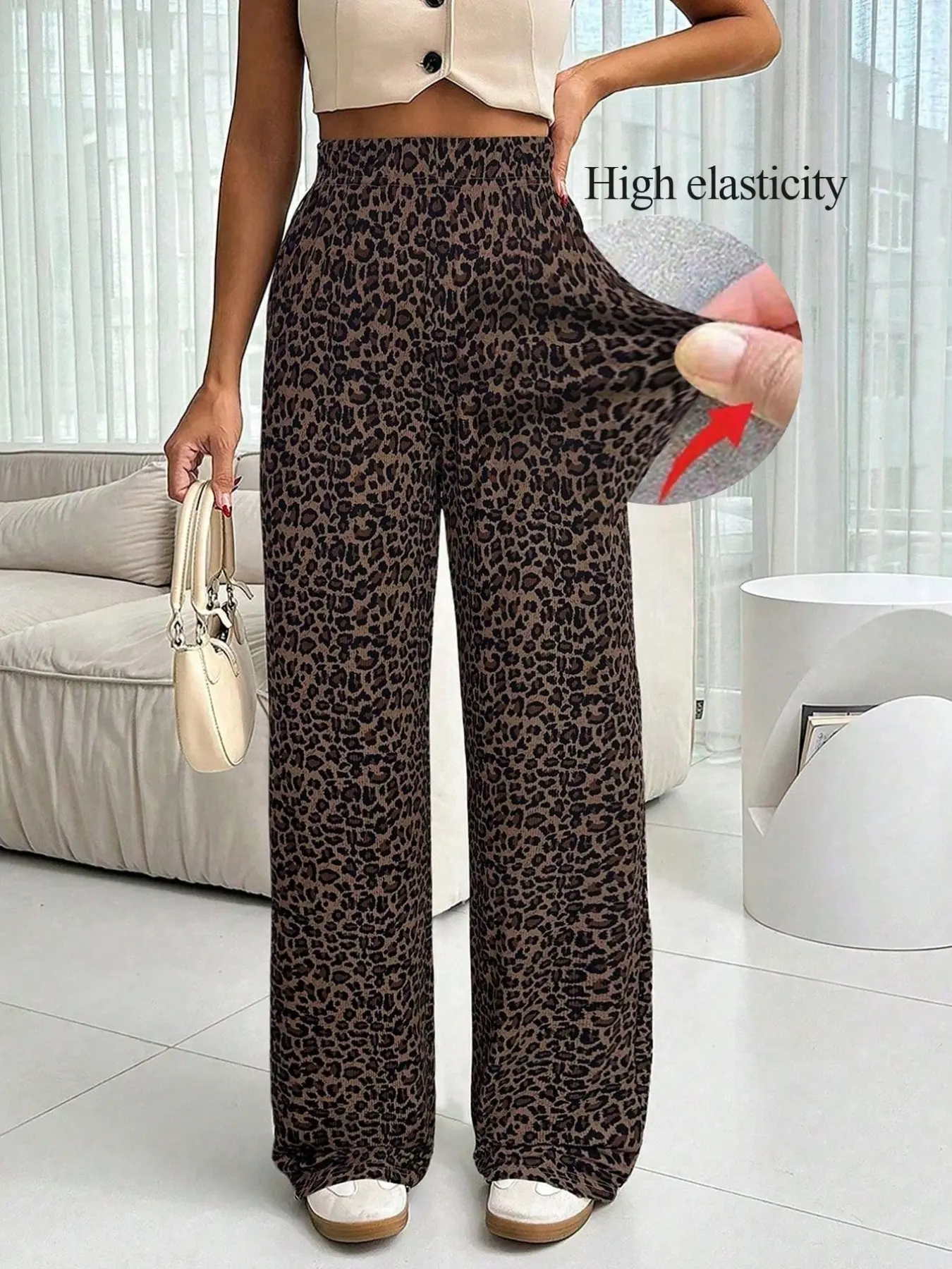 Women’s High-Waisted Stretchy Wide-Leg Pants, Soft Pull-On Casual Palazzo Trousers, All Seasons, Long/regular Length, As26057