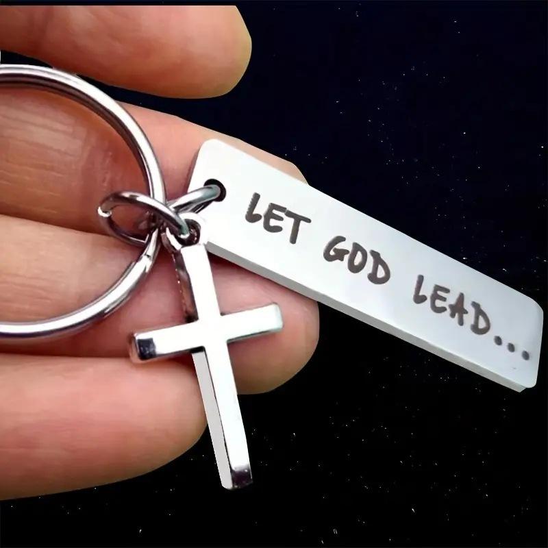 Let God Lead Cross Keychain, Engravable Stainless Steel Christian Charm, Religious Faith Key Ring for Backpack Bag Accessory