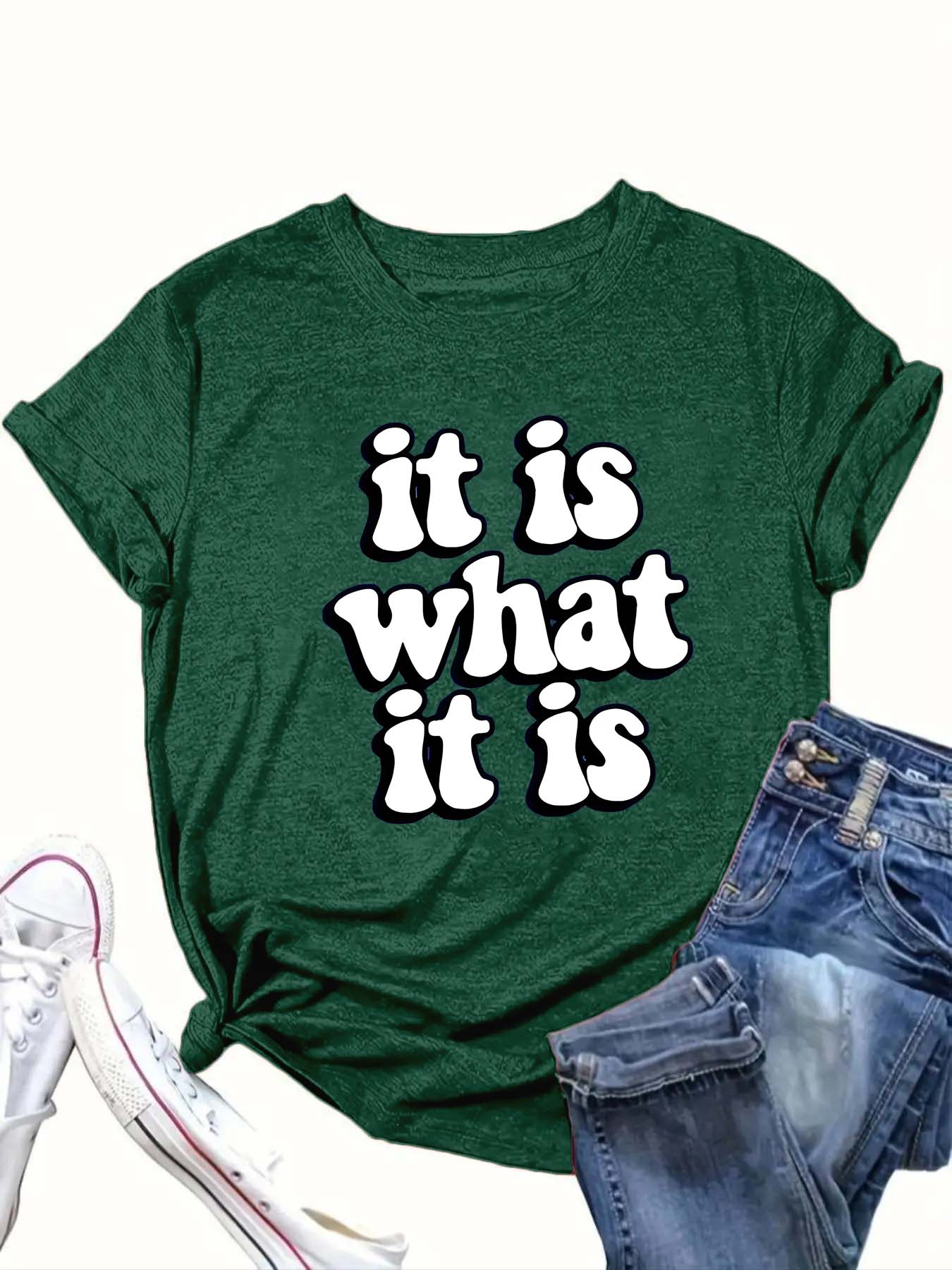 【Plus Size】 "IT IS WHAT IT IS" Print Round Neck Tee, Fashion Casual Crew Neck Short Sleeve T-shirt for Daily Outdoor Wear, Women Clothing for All Seasons