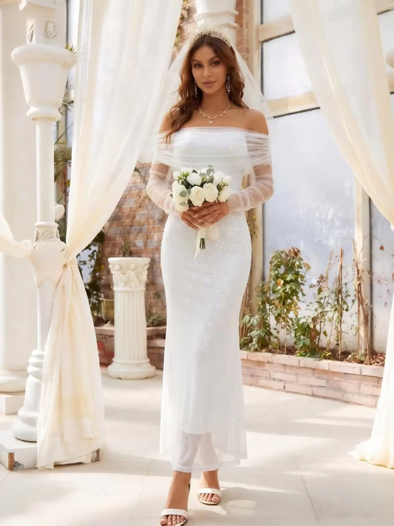 Princess Style One-Shoulder Wedding Dress, Elegant Mid-Length Lace Sequin Embroidered Fit Dress, Zip Closure, Ideal for Beach Weddings & Ceremonies