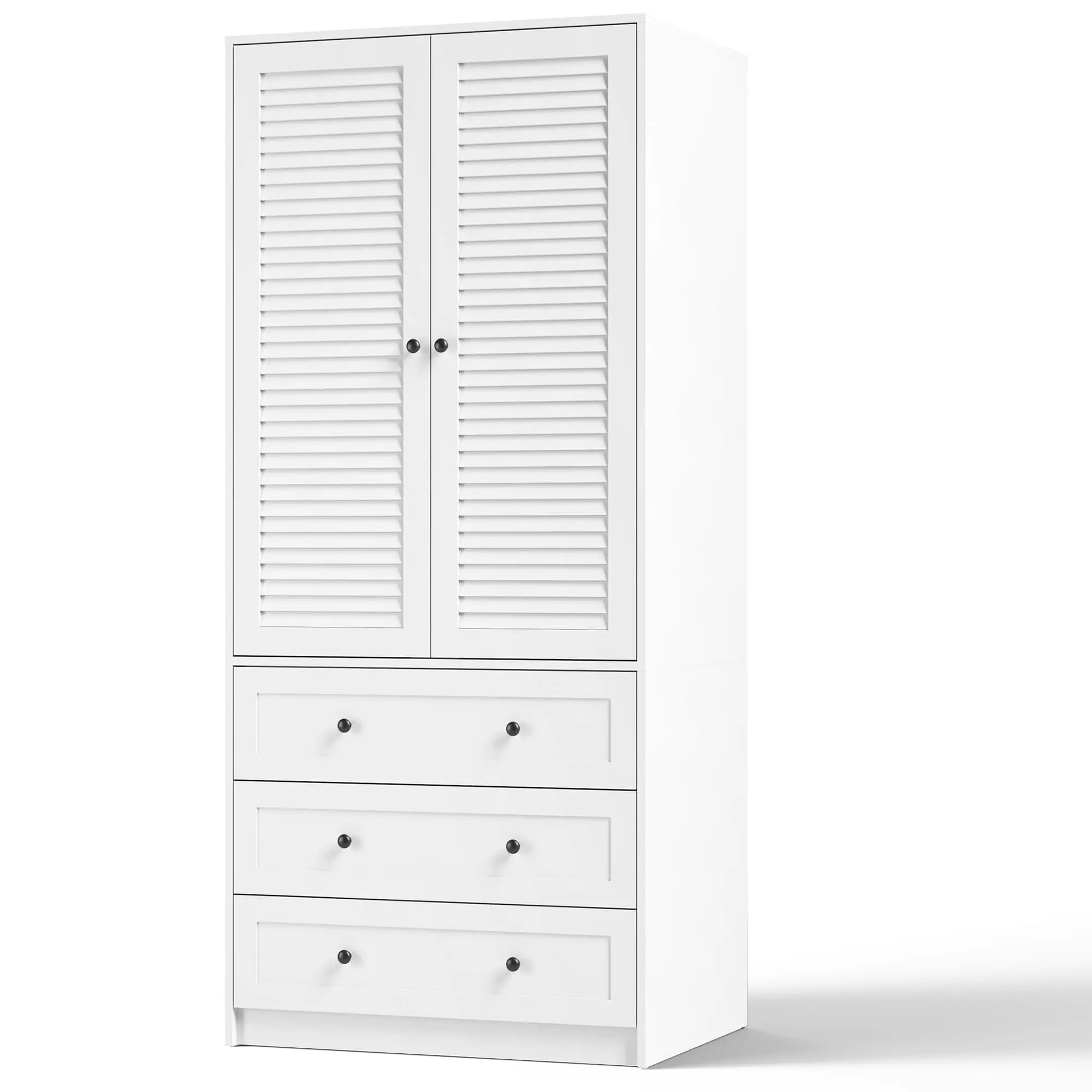 Modern Wooden Wardrobe with Drawers, Rattan Style Armoire Closet with Hanging Rod, Freestanding Bedroom Storage Cabinet, Modular Design, Anti-Tip, Easy Assembly