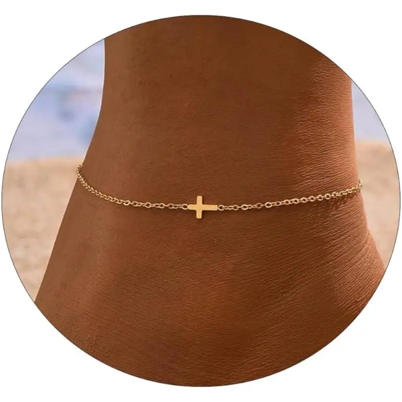Anklets for Women 14K Gold Plated Anklets Waterproof Ankle Bracelets for Women Silver Ankle Bracelet Layered Cross Satellite Bowknot Flower Pearl Beach Anklets Cute Jewelry Gift, Waterproof Anklet, Vacuum Electroplate, Adjustable Fit
