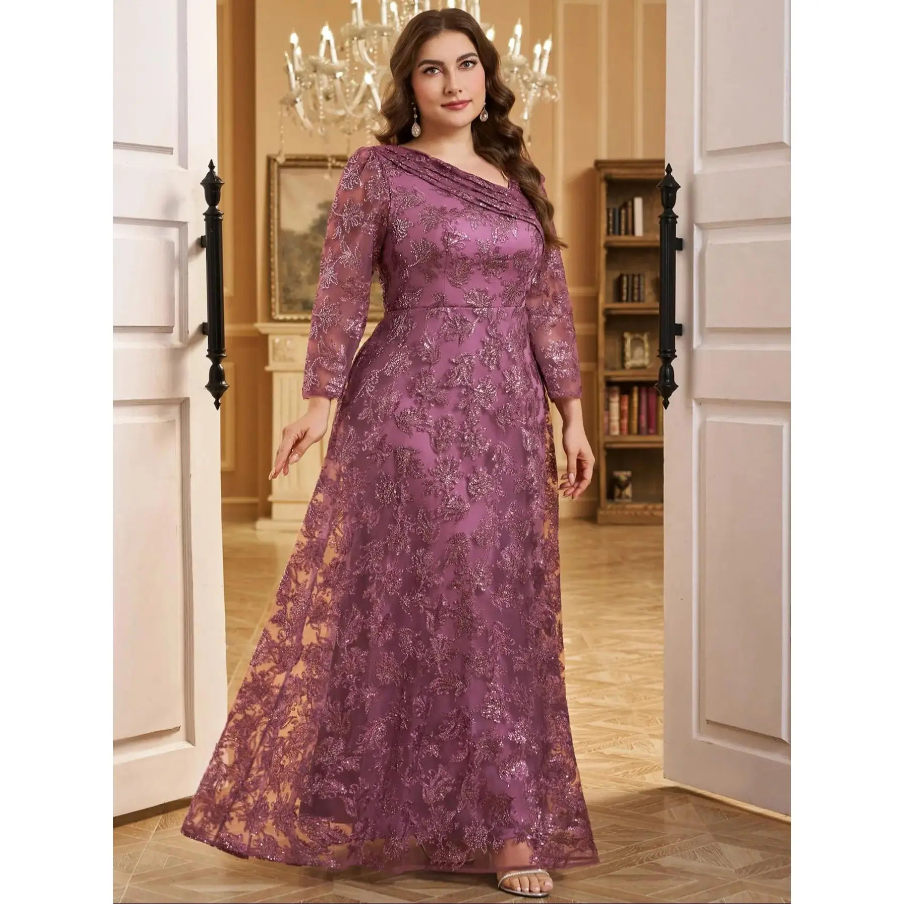Elegant V Neck Ruffled Mesh Evening Dress with Sequins and Embroidery, Fitted, Stylish Starry Design for Formal Occasions, Women's High-End Gown