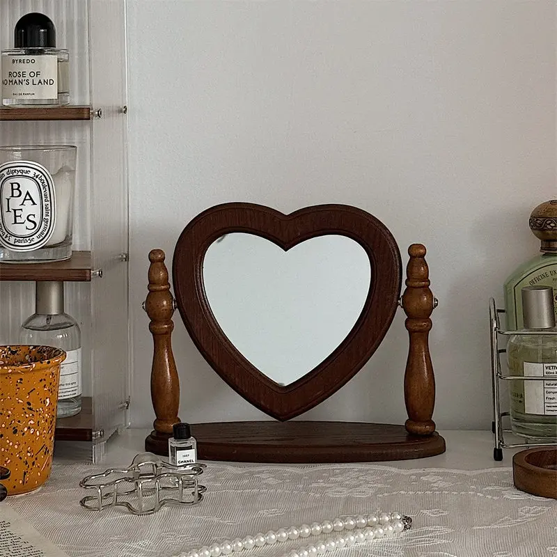 Rotatable Makeup Mirror Desktop Storage Box, French Vintage Wooden Vanity Mirror, Bedroom Table Organizer, Desk Cosmetic Mirror Cabinet, Adjustable Mirror, Multifunctional Mirror