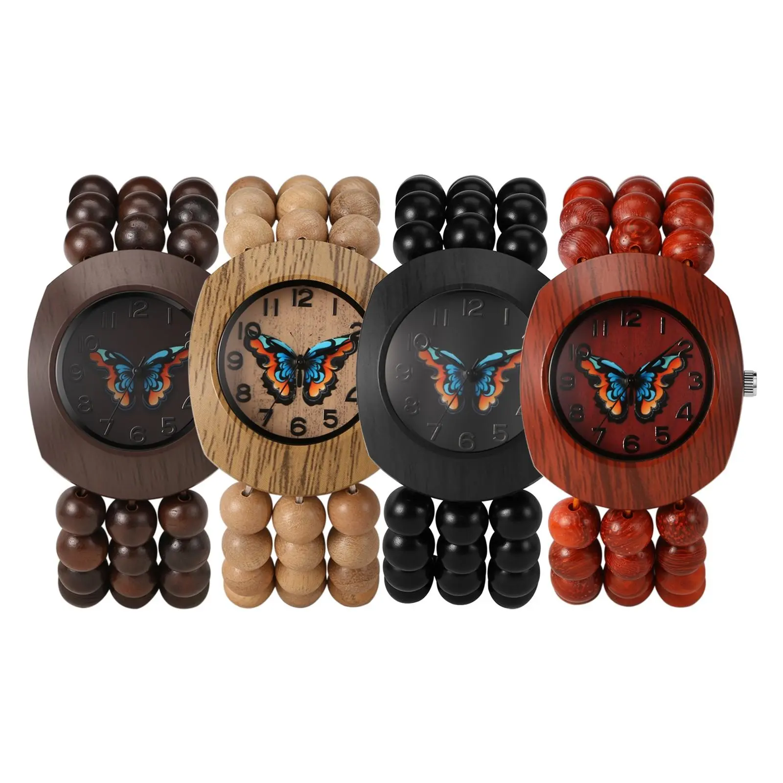 Women's Boho Analog Quartz Wrist Watch, Tonneau Butterfly Dial, Lightweight Wood Bead Stretch Strap, Suitable for Casual Wear, Arabic Numerals