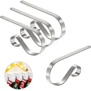 Set of 4 Silver Christmas Stocking Holders for Mantle, Lightweight Adjustable Non-Slip Metal Hooks for Fireplace Christmas Party Decoration