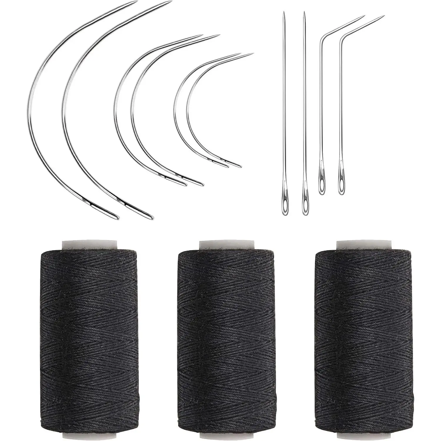 Weaving Needle Combo Deal Black Thread with 10pcs Needle for Making Wig Sewing Hair Weft Hair Weave Extension, Big Medium and Small C J Shape Curved Needle I Needle (3 Thread Black + 10 Needle)