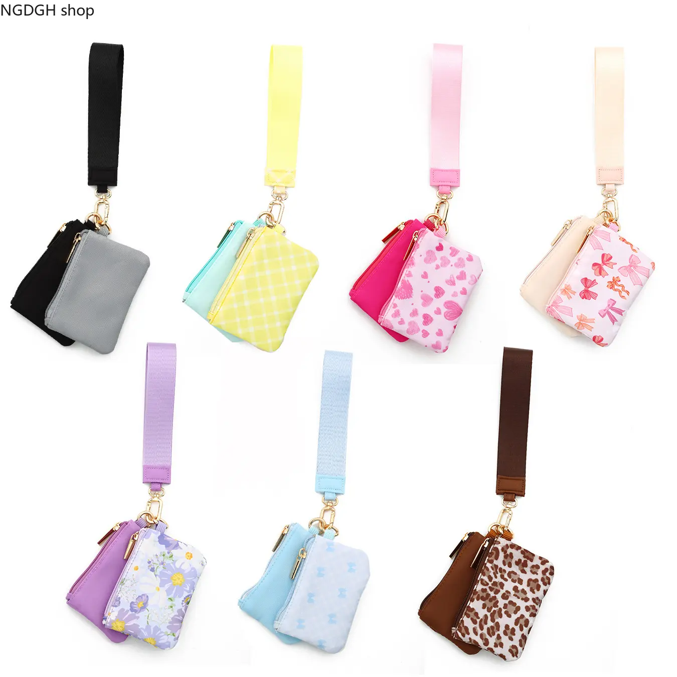 DualZipperMiniKeyPouchWithWristStrap,FloralHeartPlaidPrintCoinWallet,CompactNylonAccessoryBagForSmallEssentials,KeyChainPendantAndTravelStoragePouch