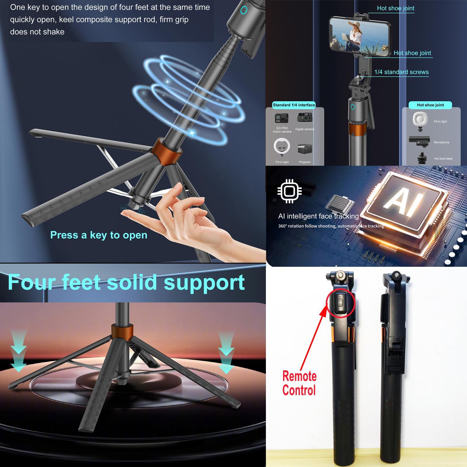 360&deg; Rotatable Adjustable Selfie Stick Tripod, Rechargeable Smart Face Tracking Tripod with 2 Fill Lights, Auto Face Tracking Phone Holder for Vlog, Live Streaming, Remote Tripod
