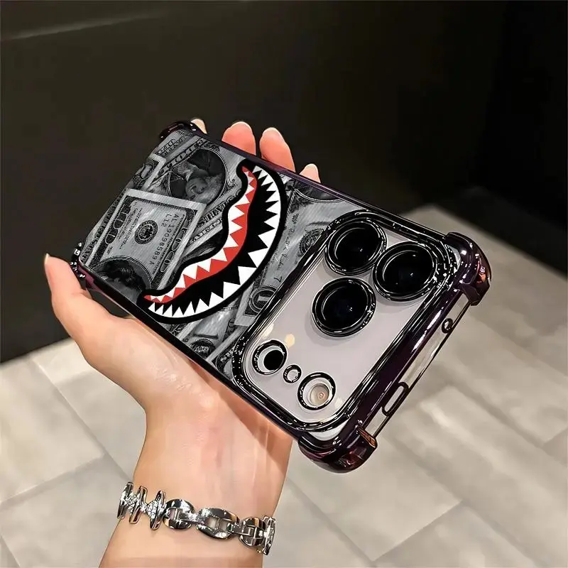 Flex Harder with This Shark Bite Just Leveled Up with This Shark & Money Case For IPhone 17 16 15 14 13 12 11 PRO PLUS MAX AIR Four-corner Drop-proof Transparent Casual Soft Silicone patternfull protection case floral pattern Mobile Phone Case,techvibes