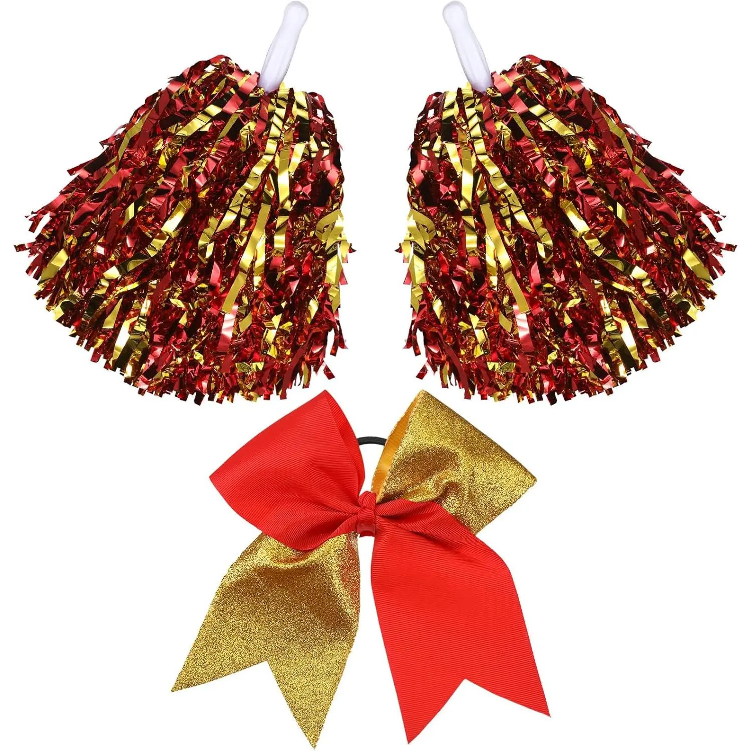 Girls' 3-Piece Cheerleading Pom Poms & Hair Bow Set - Metallic PET Foil Pompoms, 7in Grosgrain Bow (18cm Wide), Easy to Hold, Elastic Bands, for Cheer Squads, Halloween Cosplay, Friends, Plastic Dress Up Gear